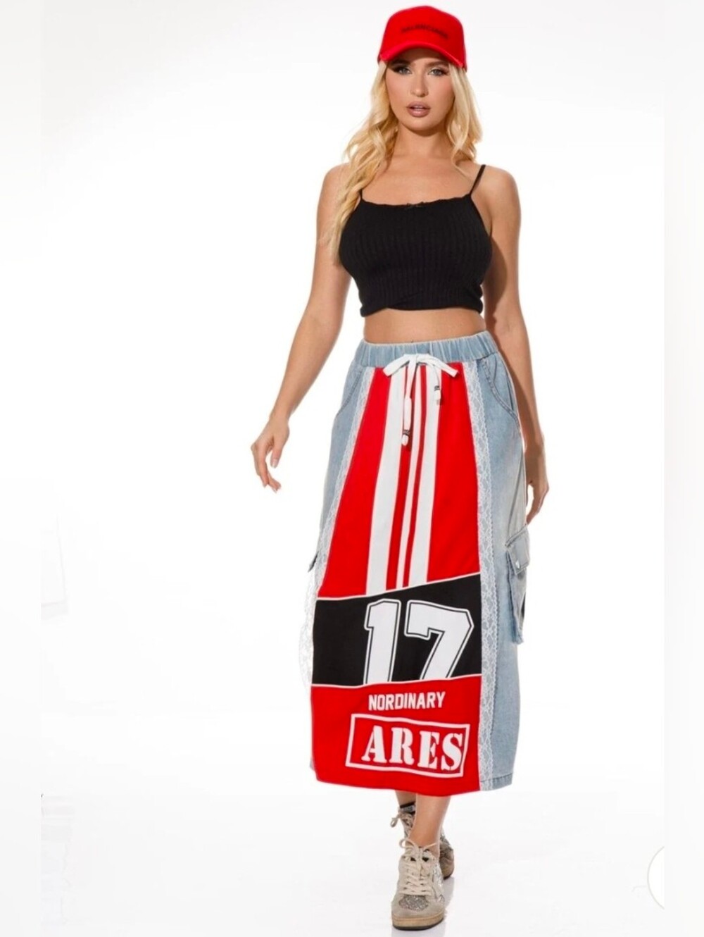 Denim And Red Patchwork Midi Skirt